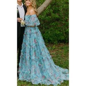Sherri Hill Style 55541 Light Blue Tulle Floral Print Gown
